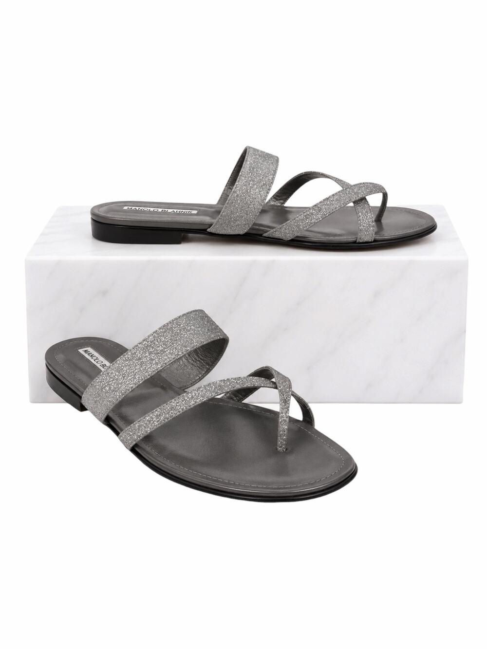 Manolo Blahnik Susa Glitter Leather Flat Sandal Silver Gray Size 40.5